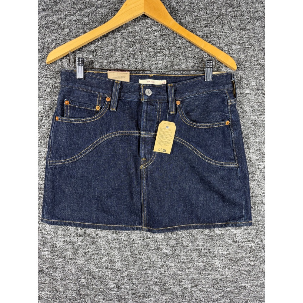 Levis Icon Skirt Dark Indigo Denim Mid Rise Button Fly Mini Skirt Size 28 NEW